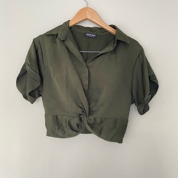 FASHION NOVA Green Collared Front Knot Crop Top - Picture 7 of 7